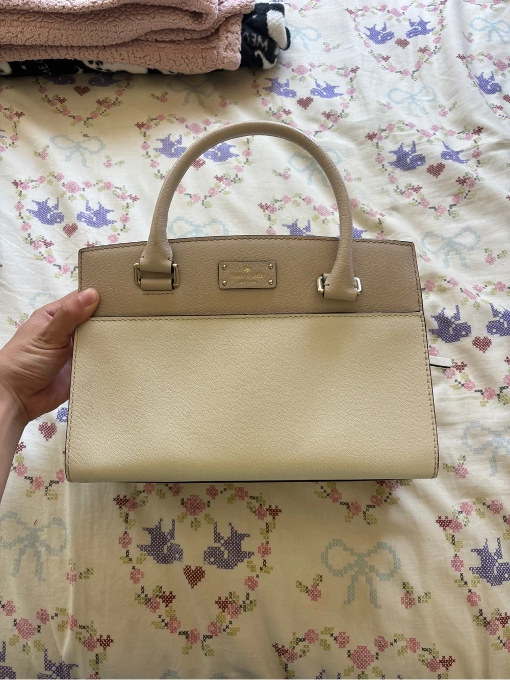 Cream and Taupe Structured Top-Handle Women's Satchel